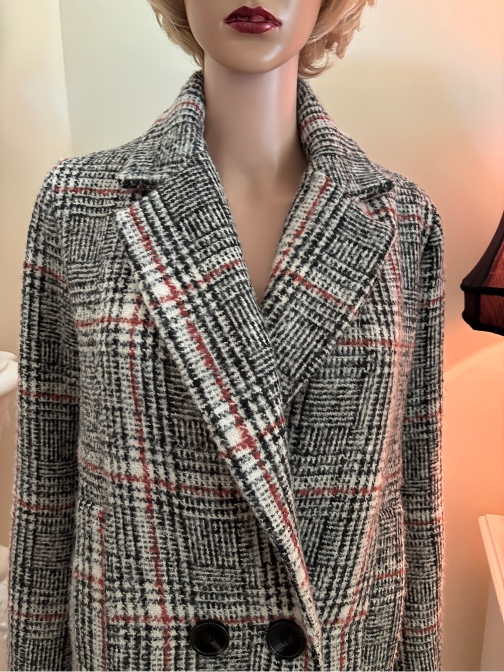 Pink Martini Gray Plaid Double-Breasted Pea Coat with Pink Accents - Picture 4 of 16